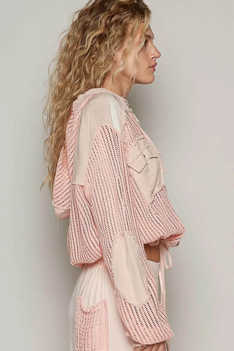 POL Texture Woven Button Down Hooded Shirt with Drawstring Hem OutfitFlow