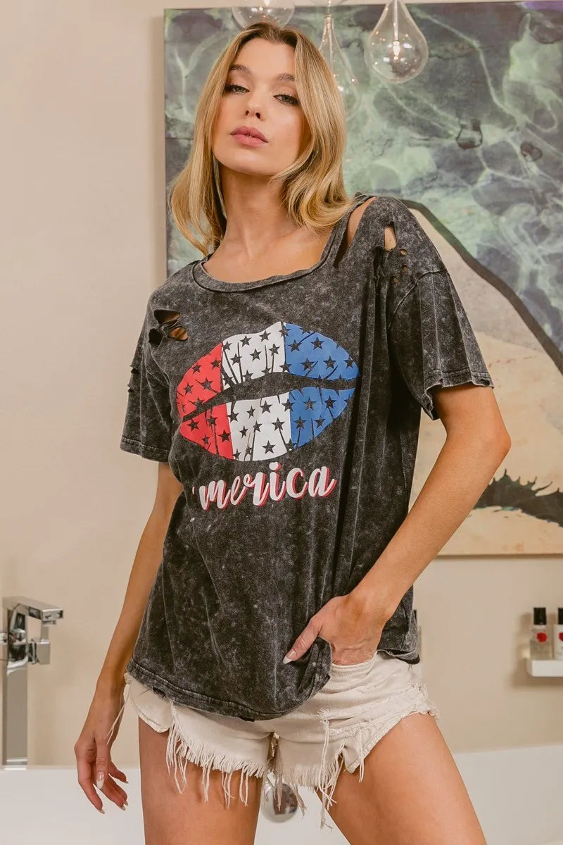 BiBi Laser Cut Mineral Washed Old Glory Lip Print Top OutfitFlow
