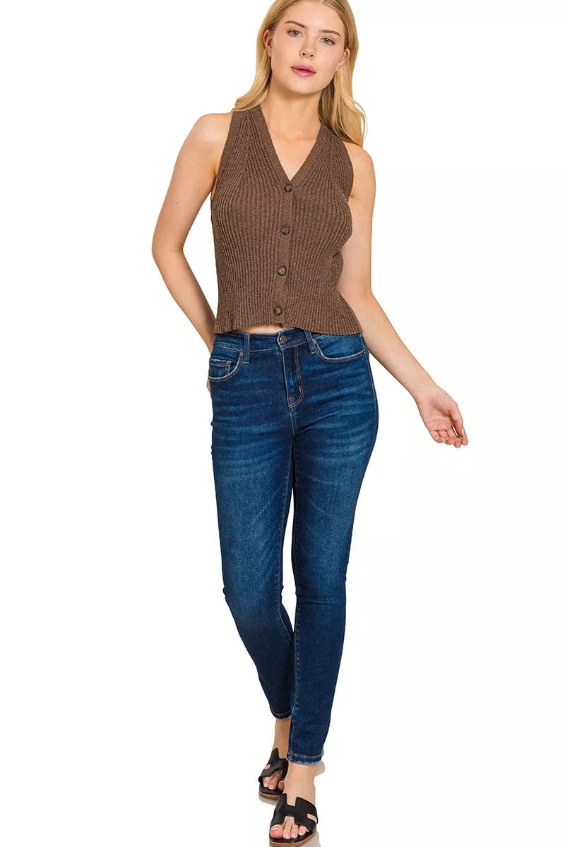 Zenana Ribbed Knit Button-Down Sweater Vest OutfitFlow