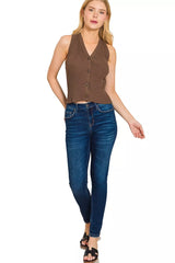Zenana Ribbed Knit Button-Down Sweater Vest OutfitFlow