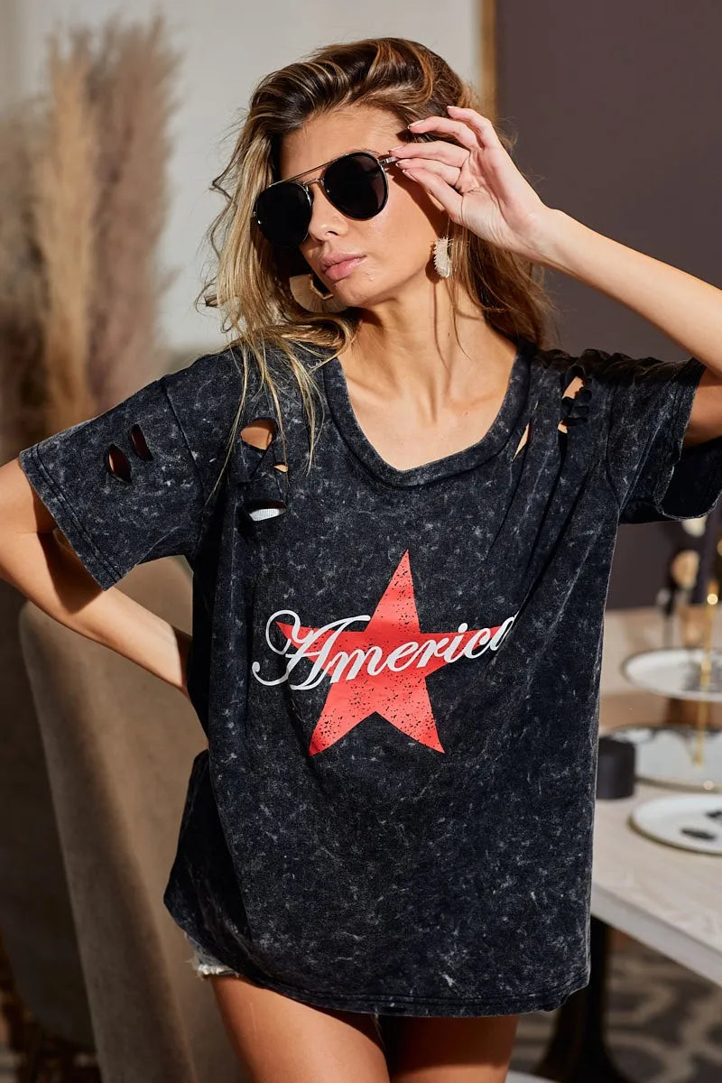 BiBi Laser Cut Mineral Washed Jersey Top with America OutfitFlow
