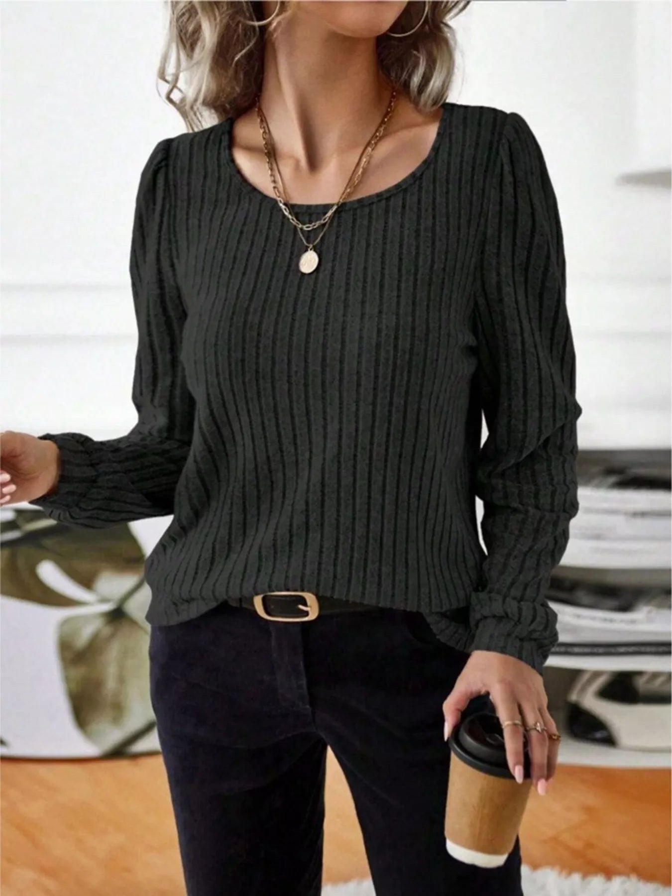 Ribbed Knit Long Sleeve T-Shirt OutfitFlow