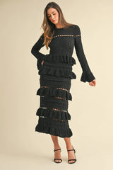 MABLE Long Sleeve Tiered Ruffle Knit Midi Dress BLACK OutfitFlow
