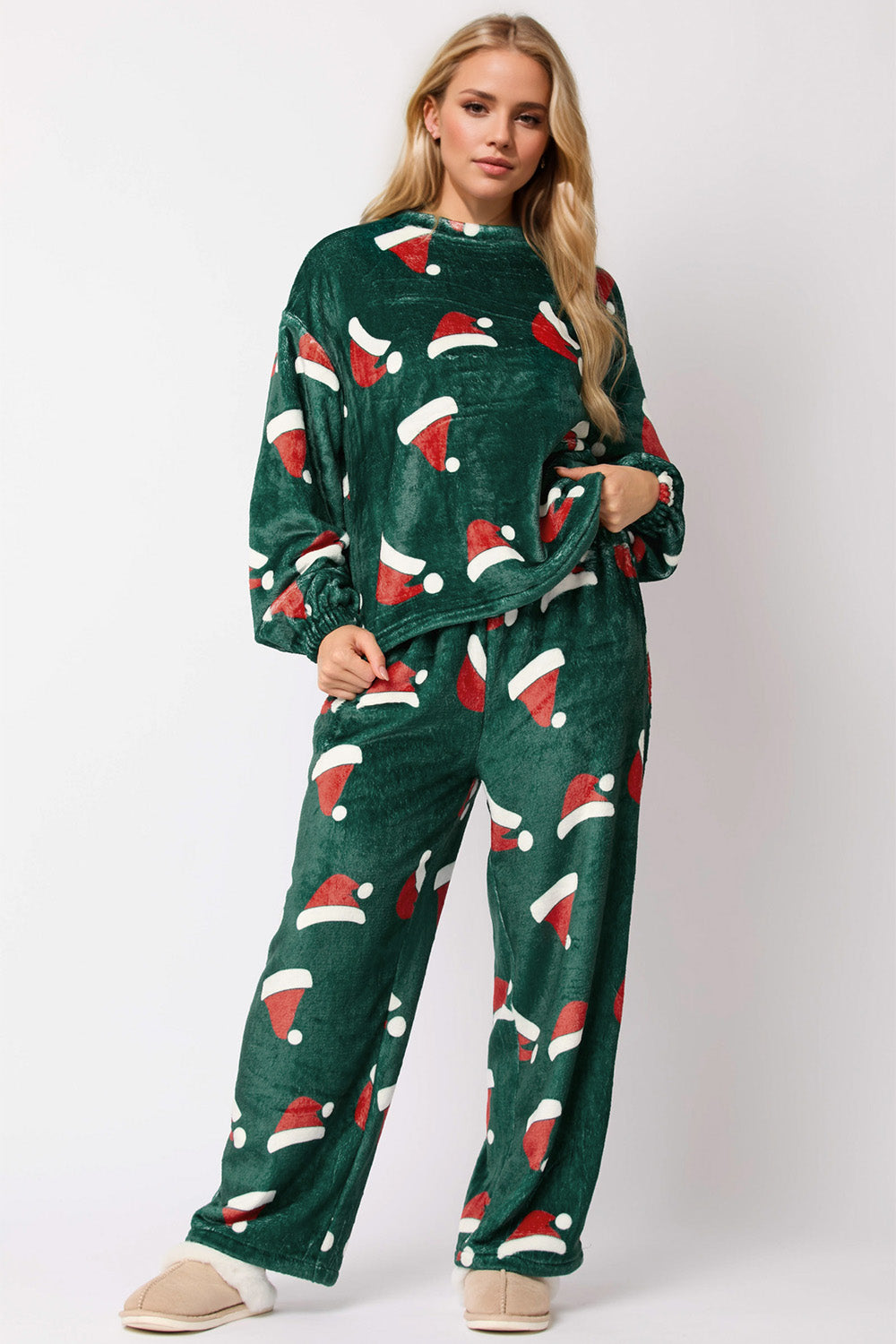 Outfit Flow - Christmas Hat Pattern Round Neck Long Sleeve Top and Pants Set