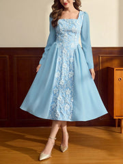 Flower Square Neck Long Sleeve Dress Pastel Blue OutfitFlow