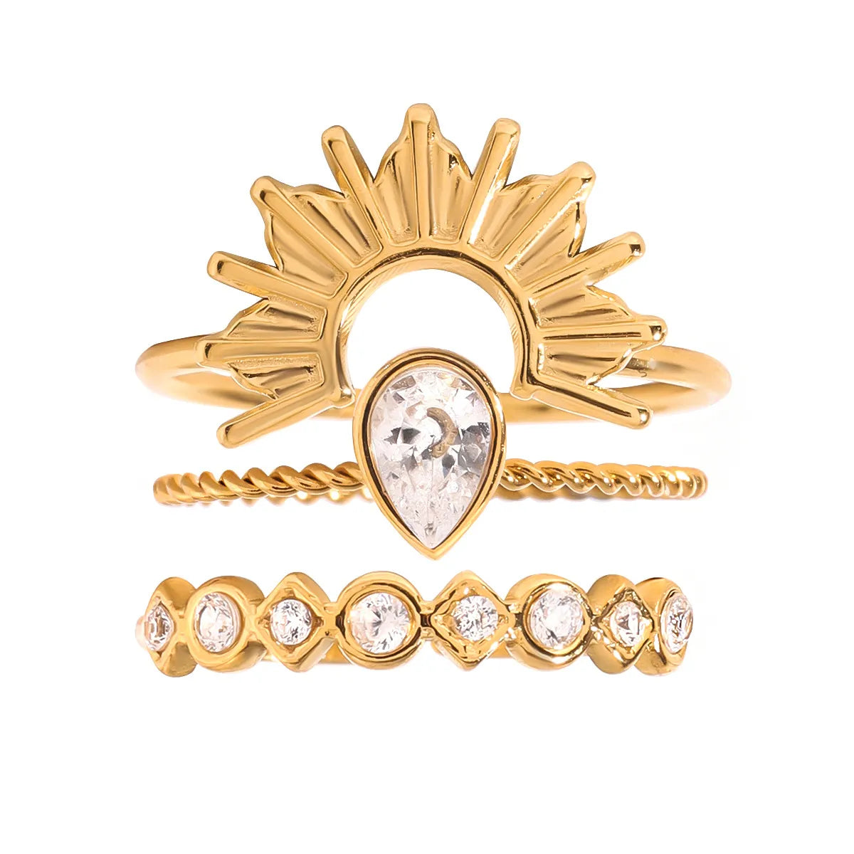 3 Piece Stainless Steel Rhinestone Sunburst Crown Ring OutfitFlow