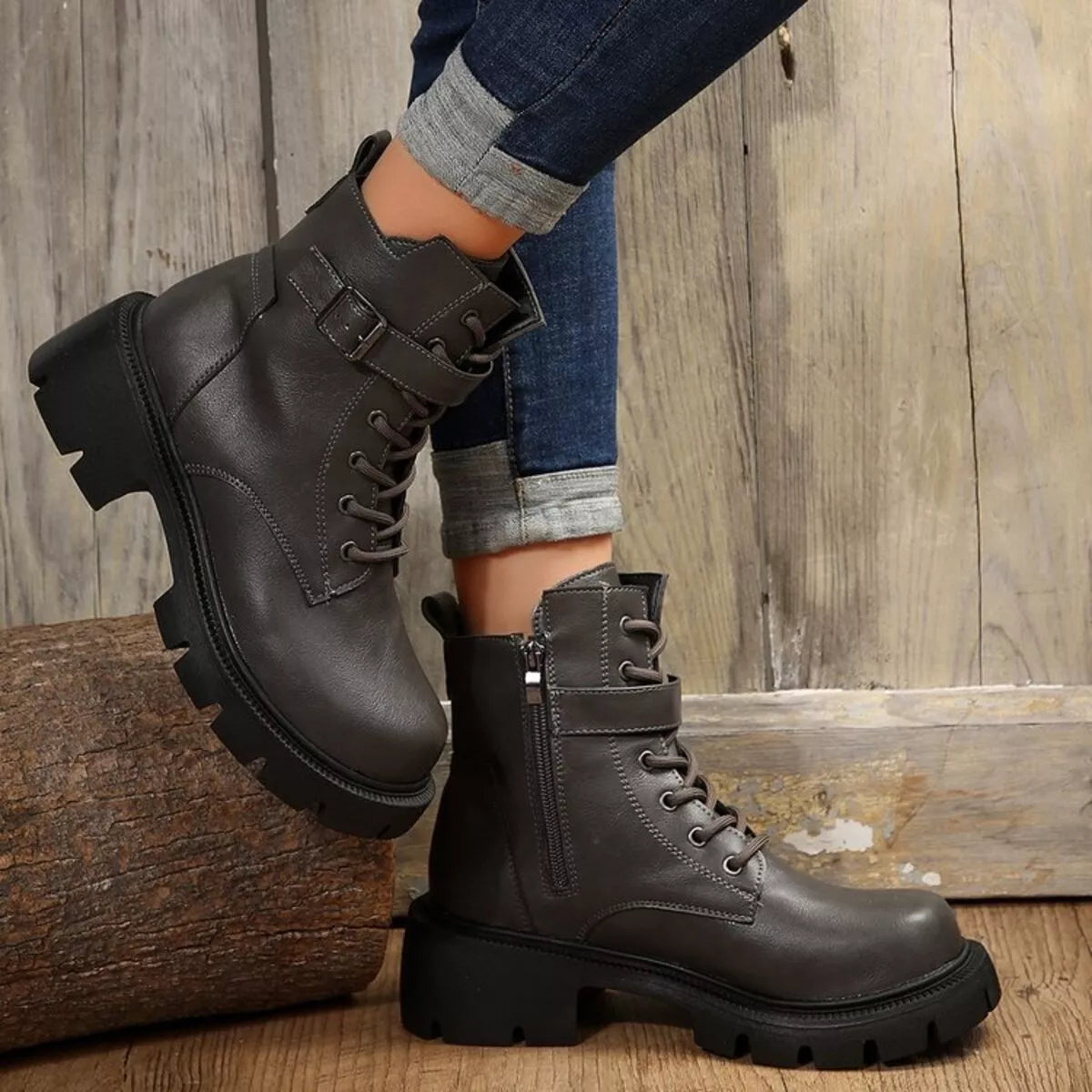 Lace-Up Buckle Accent Block Heel Boots Dark Gray Trendsi