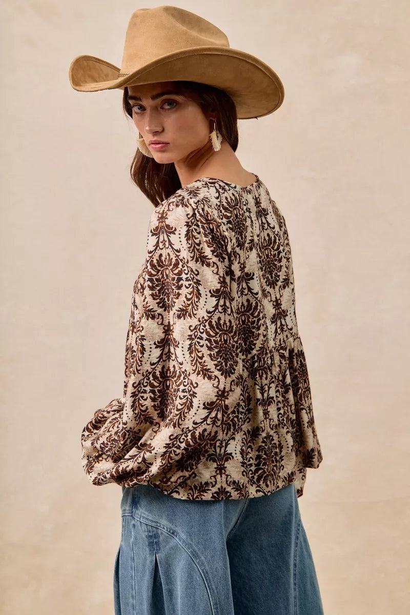 BiBi Printed Woven Front Tied Blouse with Baloon Sleeve OutfitFlow