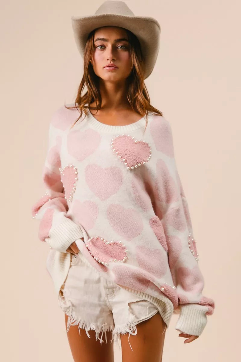BiBi Heart Pattern Sweater with Pearl Detail OutfitFlow