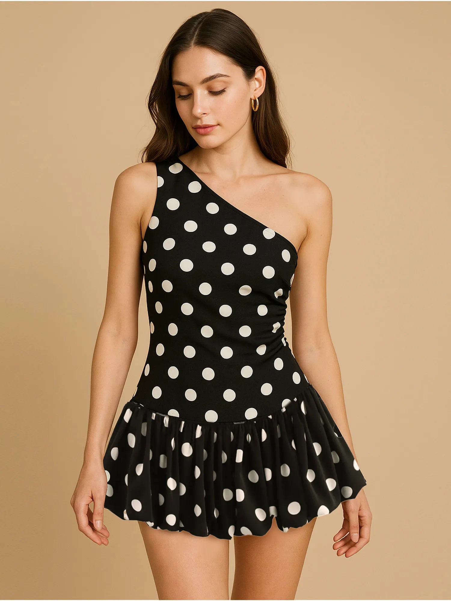 One-Shoulder Polka Dot Mini Dress Black OutfitFlow