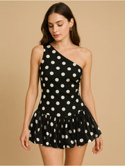 One-Shoulder Polka Dot Mini Dress Black OutfitFlow
