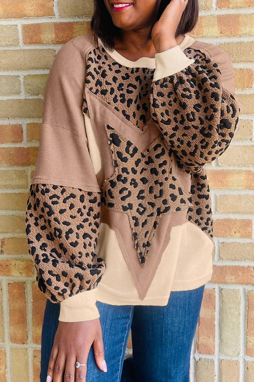 Leopard Star Patchwork Round Neck Sweatshirt Taupe OutfitFlow