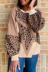Leopard Star Patchwork Round Neck Sweatshirt Taupe OutfitFlow