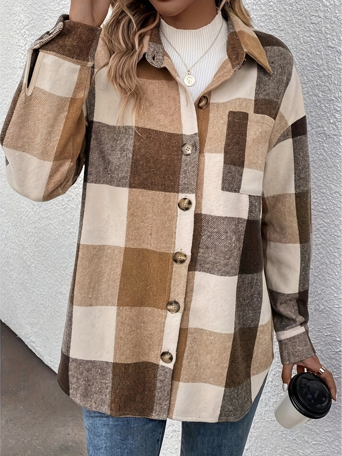 Outfit Flow - Curved Hem Plaid Collared Neck Shacket