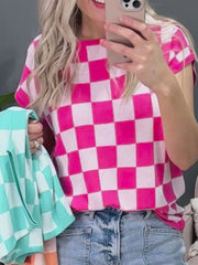 Checkered Cap Sleeve Casual Sweater Top OutfitFlow