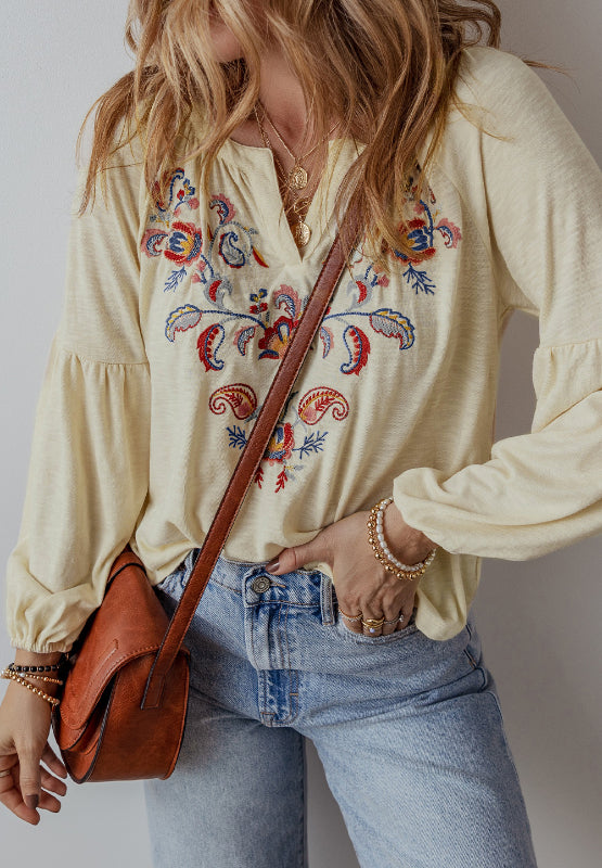 Outfit Flow - Embroidered Notched Long Sleeve Blouse