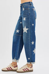 RISEN Mid Rise Ankle Length Relaxed Barrel Star Printed Jeans OutfitFlow