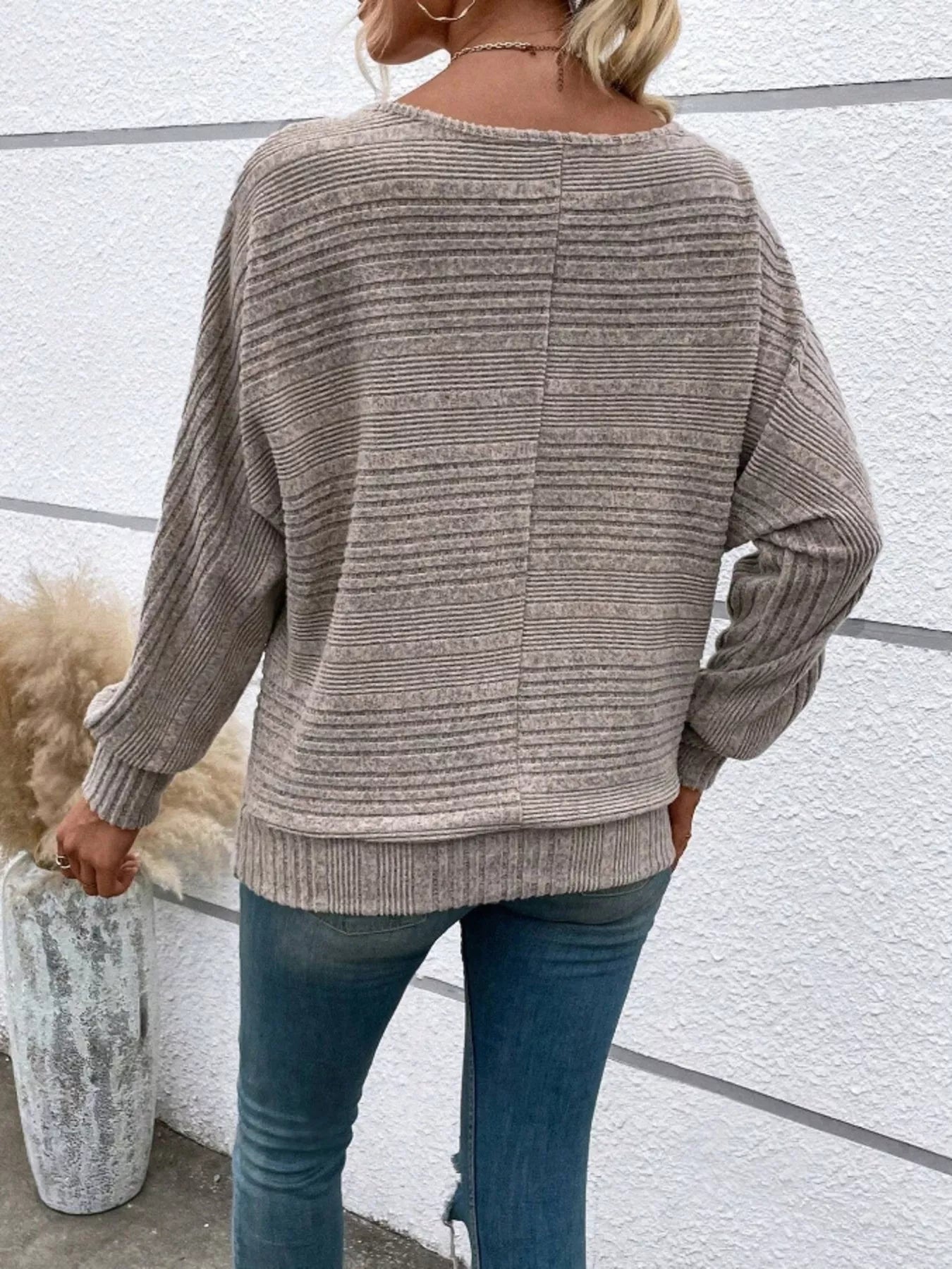 Ribbed Round Neck Long Sleeve Top OutfitFlow