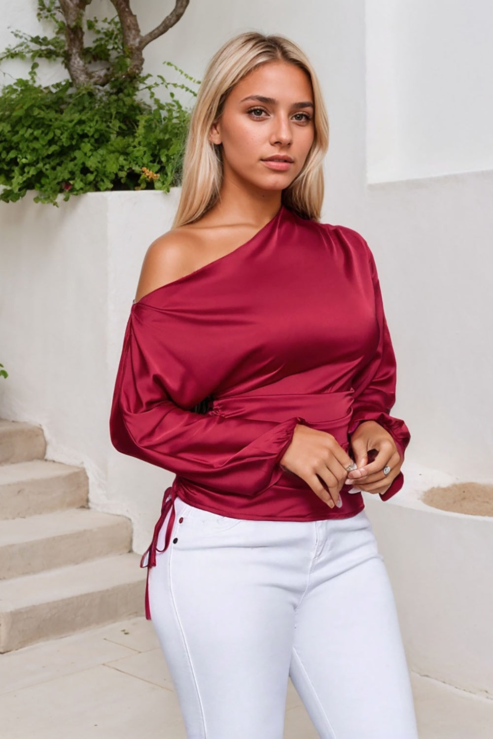 Drawstring One Shoulder Long Sleeve Blouse OutfitFlow