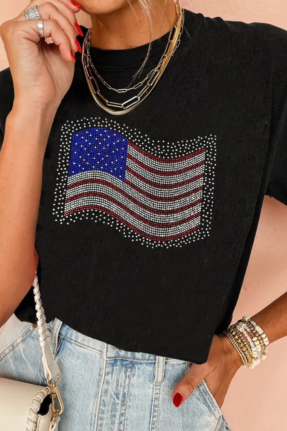 US Flag Round Neck Short Sleeve T-Shirt OutfitFlow