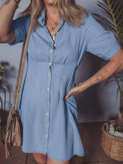 Denim Pleated Slim Waist Short Sleeve Shirt Dress OutfitFlow