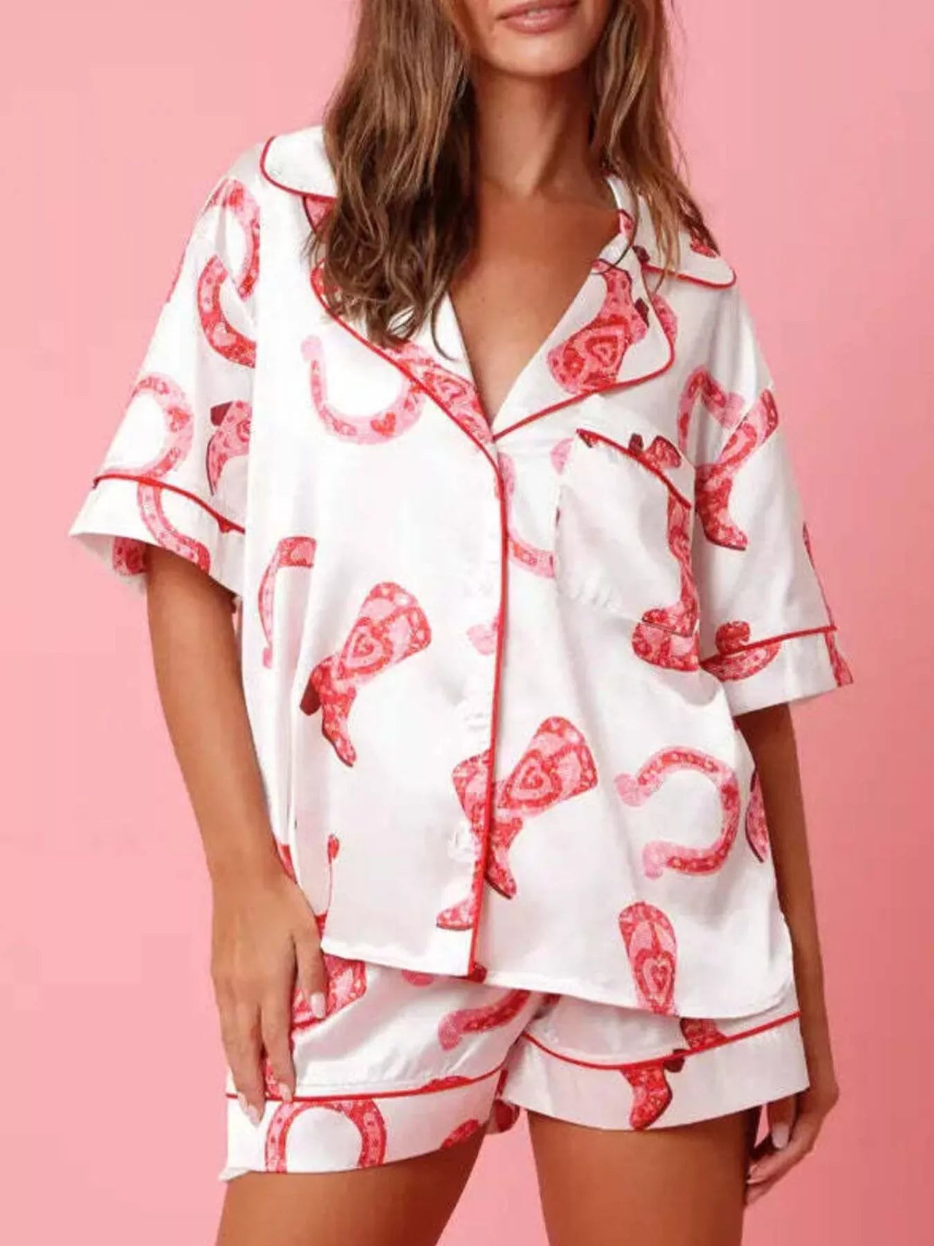 Button Up Half Sleeve Shirt and Shorts Lounge Set White OutfitFlow