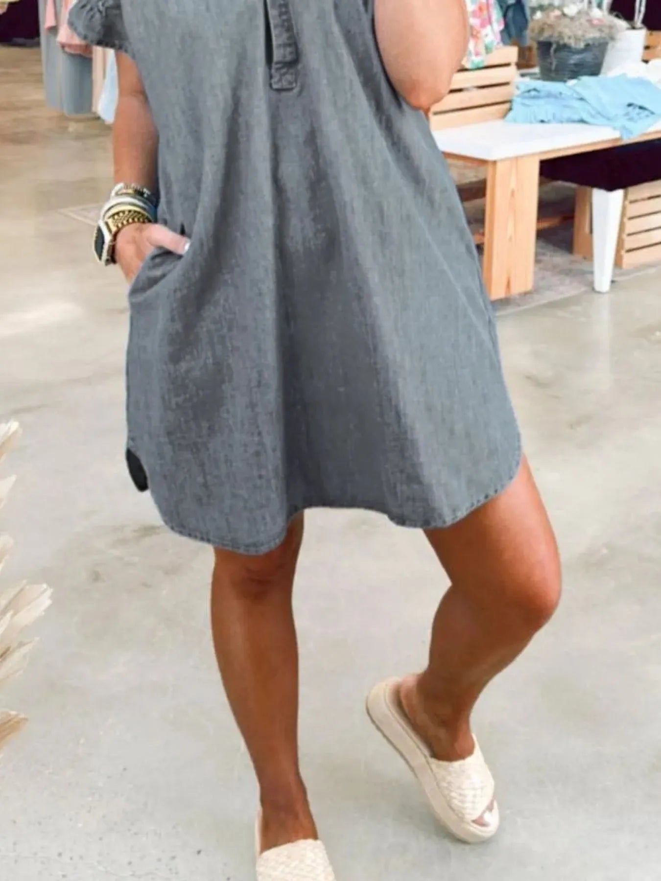 Full Size V-Neck Short Sleeve Denim Dress Plus Size OutfitFlow