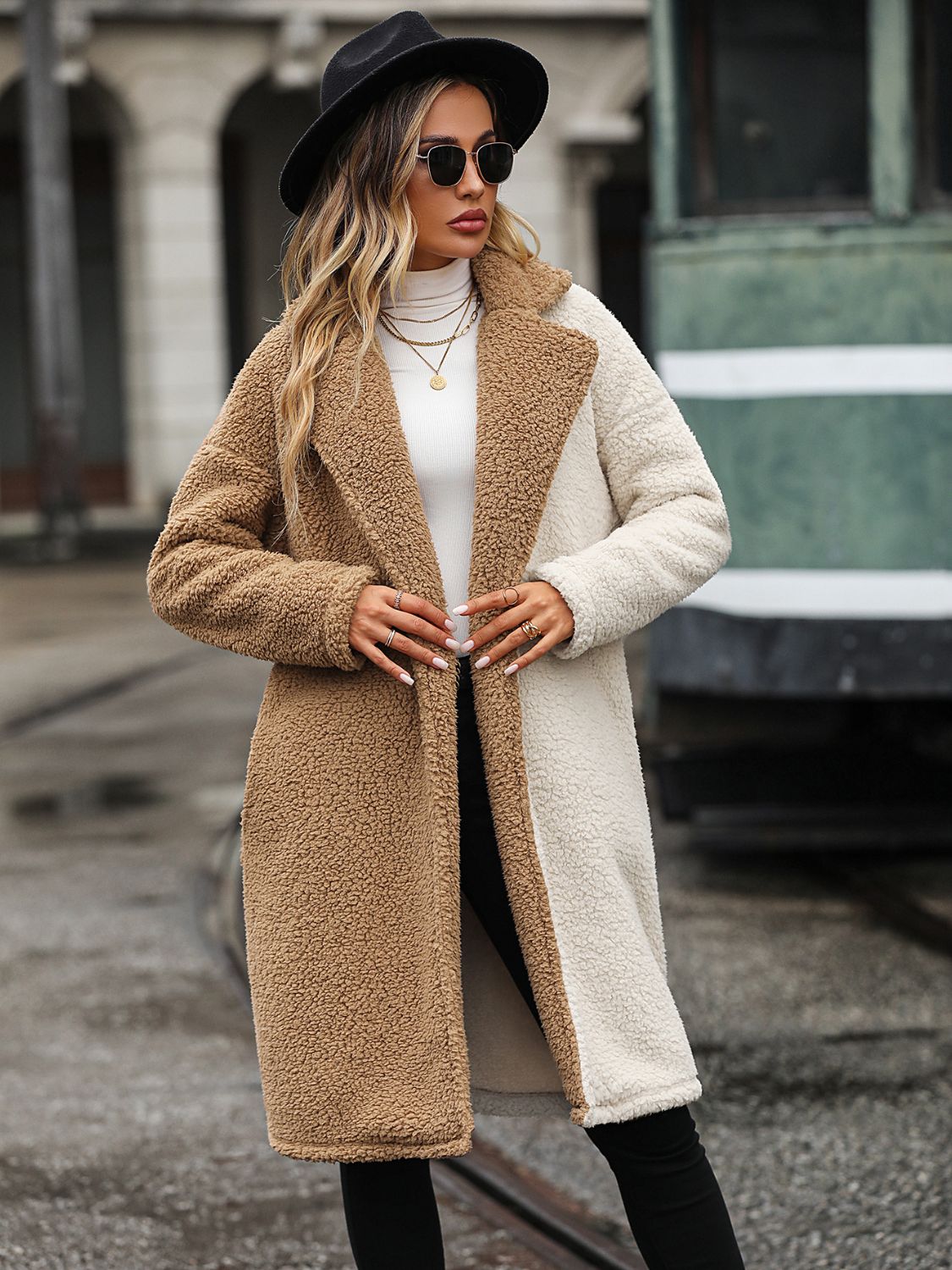 Contrast Dropped Shoulder Sherpa Coat Camel Trendsi
