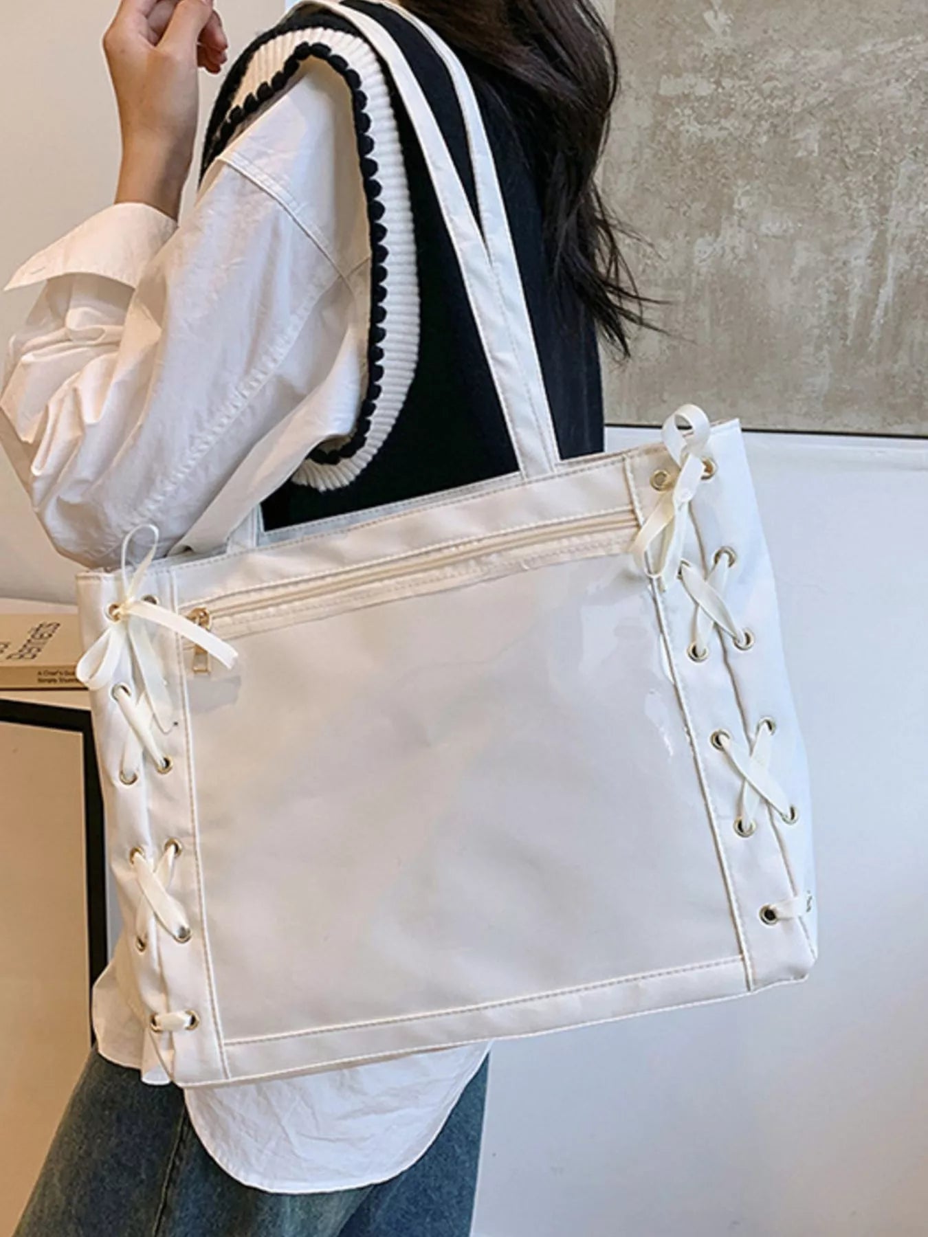 Lace-Up Trim Clear Panel Shoulder Bag White onesize OutfitFlow