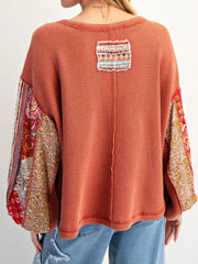 Waffle Knit Round Neck Dropped Shoulder Sweatshirt OutfitFlow