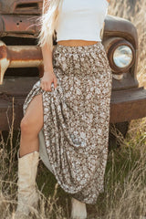 Floral Print Tiered Maxi Skirt Mocha OutfitFlow