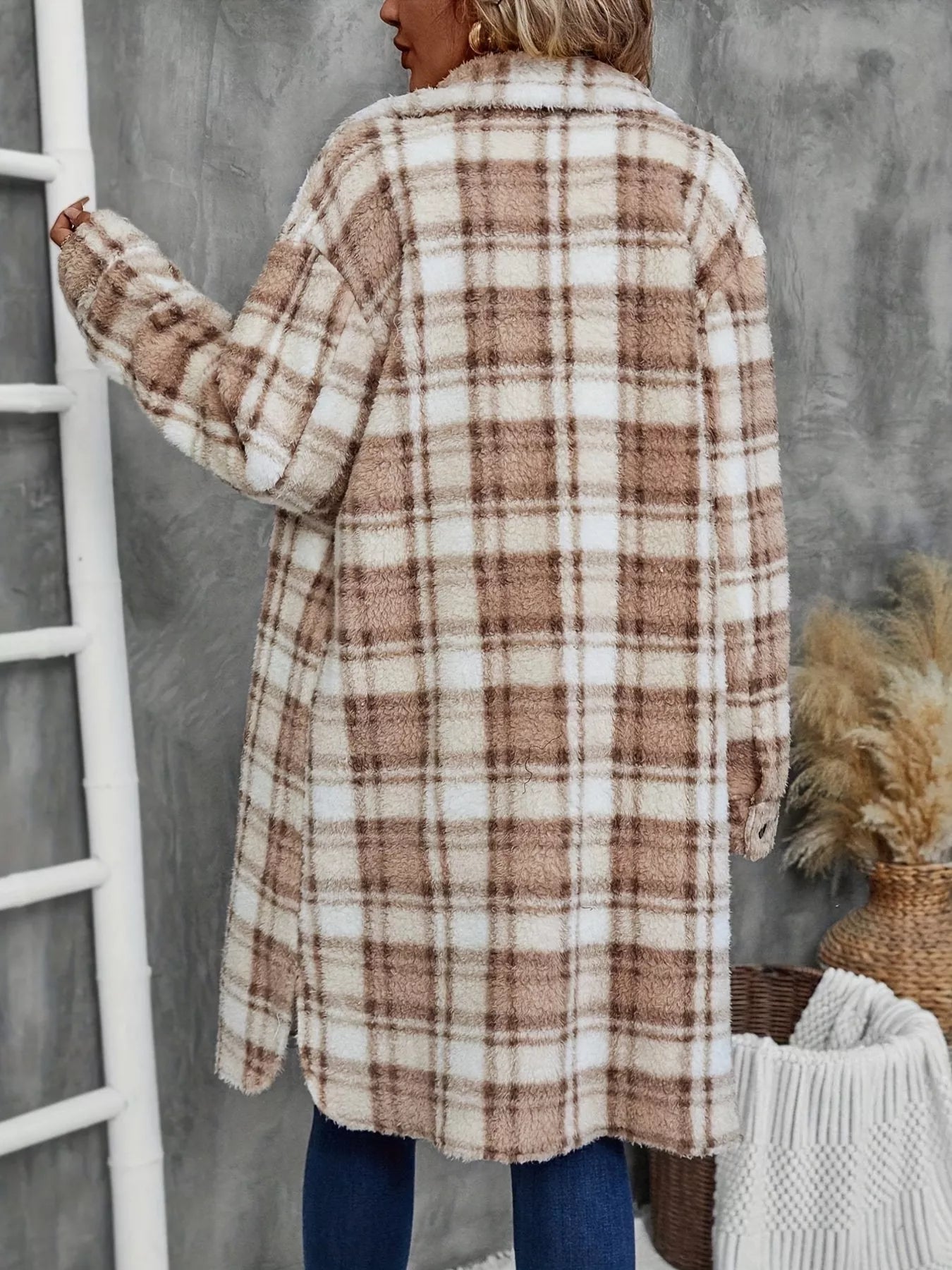 Plaid Fleece Button Up Longline Outerwear OutfitFlow