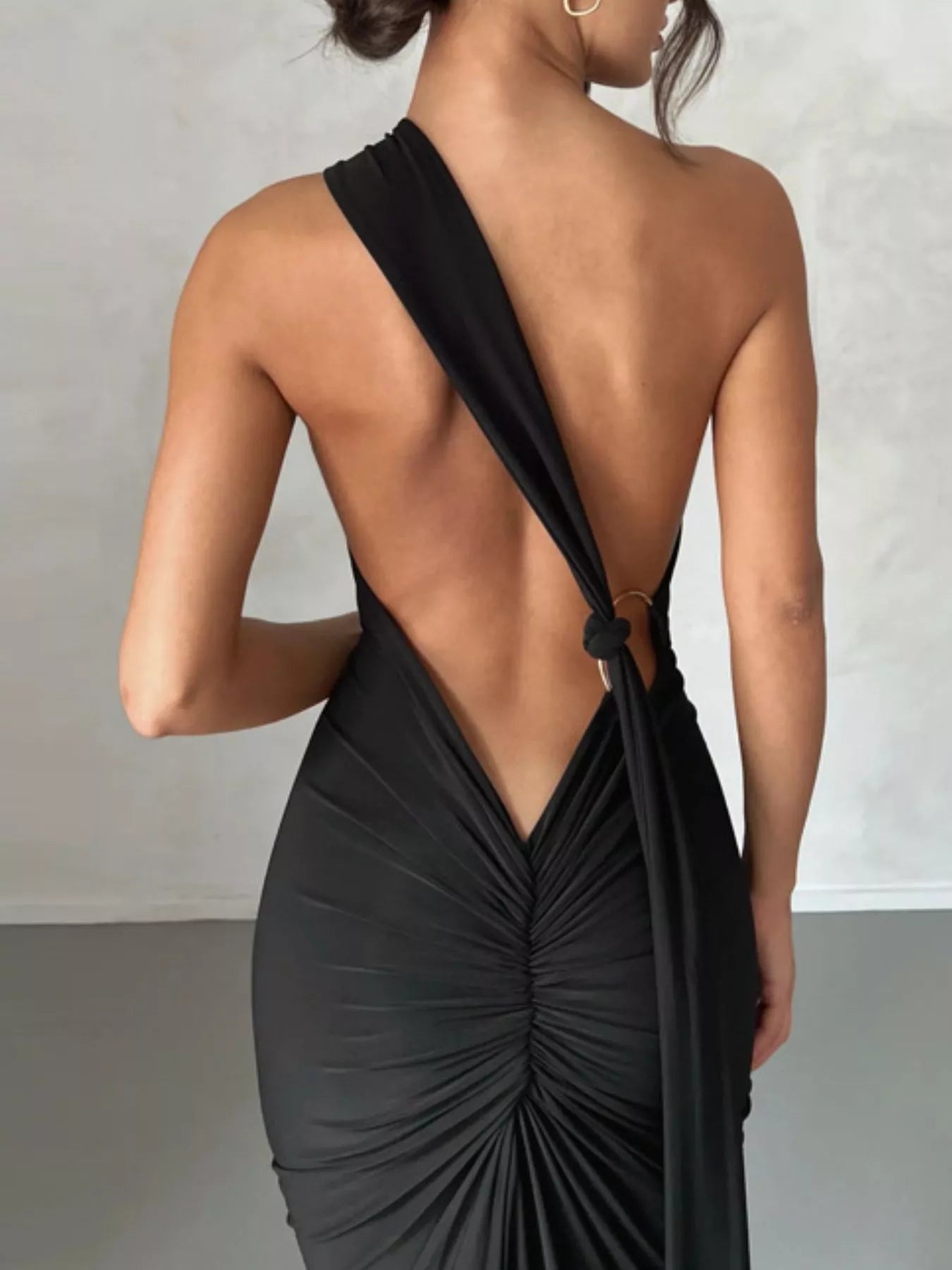 Backless One-Shoulder Ruched Bodycon Maxi Dress OutfitFlow