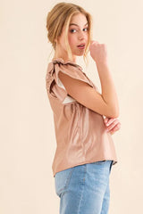 And The Why Faux Leather Ruffle Sleeves V Neck Top OutfitFlow