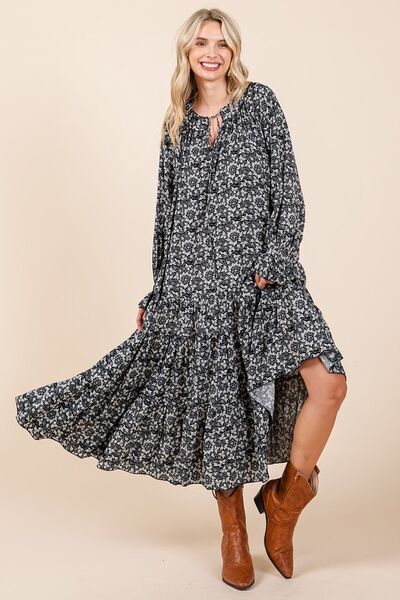 Mittoshop Printed Tie Neck Flounce Sleeve Midi Dress OutfitFlow