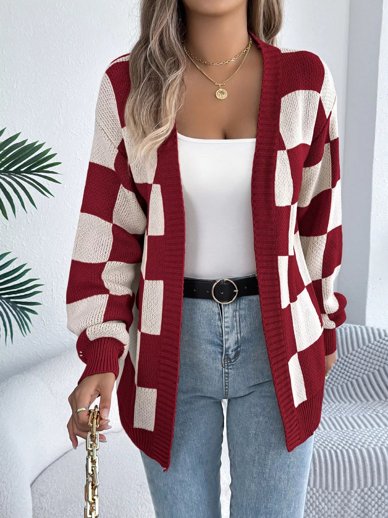 Checkered Pattern Open Front Cardigan OutfitFlow
