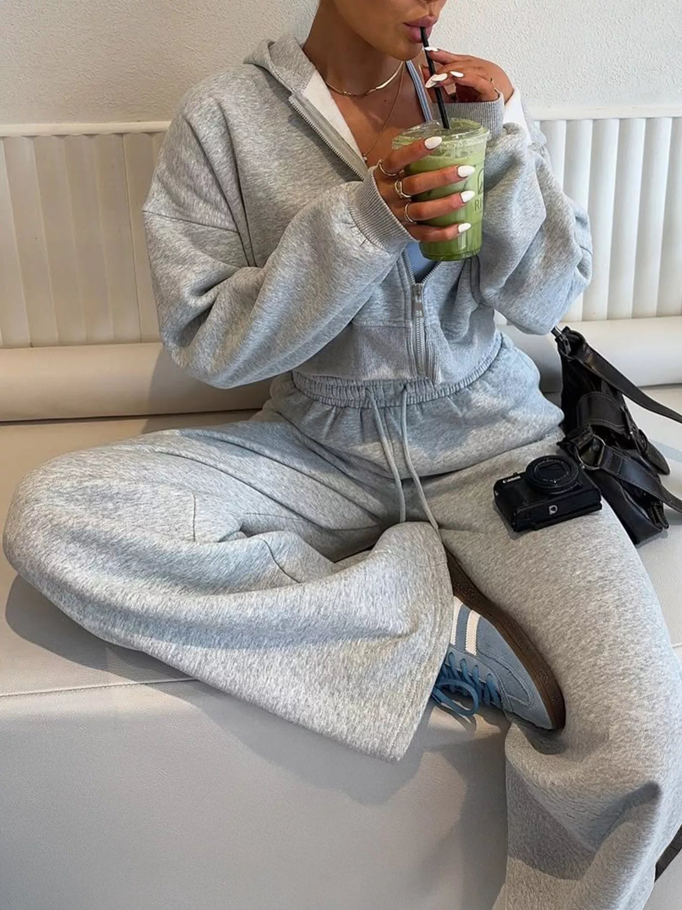 Zip Up Hoodie and Drawstring Pants Set OutfitFlow