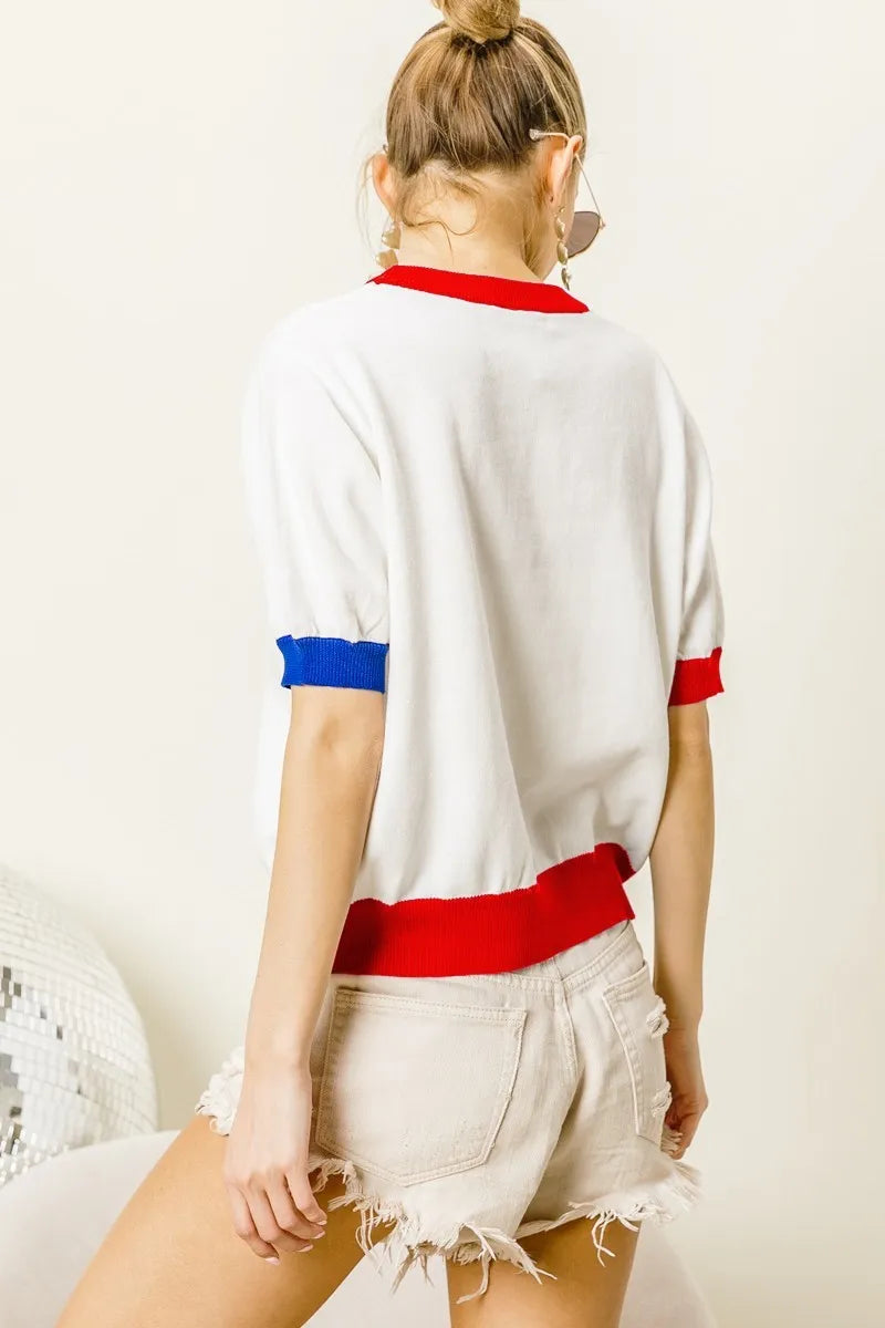 BiBi USA Metallic Letter Color Block Knit Top OutfitFlow