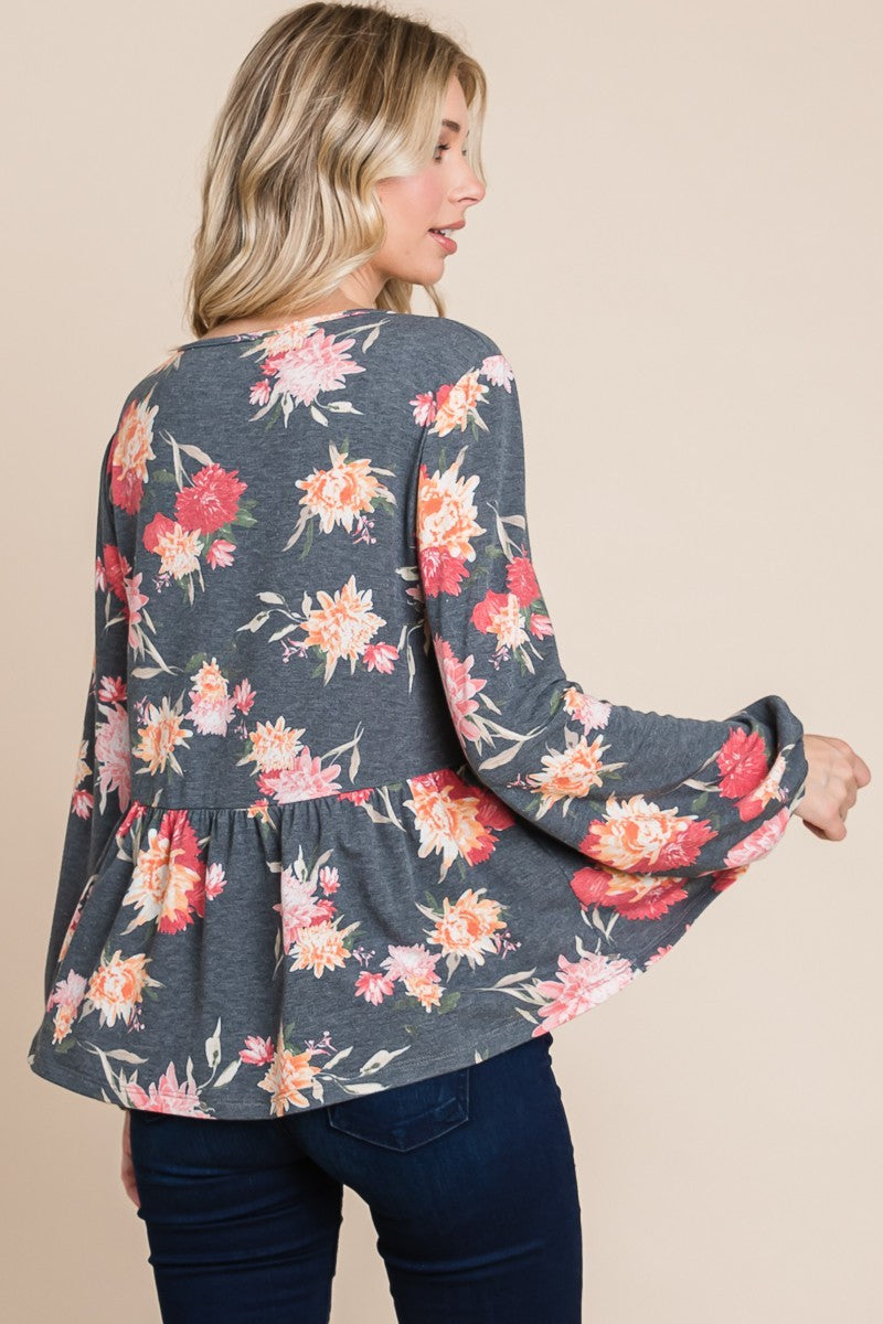 Outfit Flow - Super Lady Full Size Babydoll Floral Long Sleeve Blouse