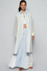 POL Printed Lace Longline Shacket with Back Open Zipper BLUE YELLOW OutfitFlow