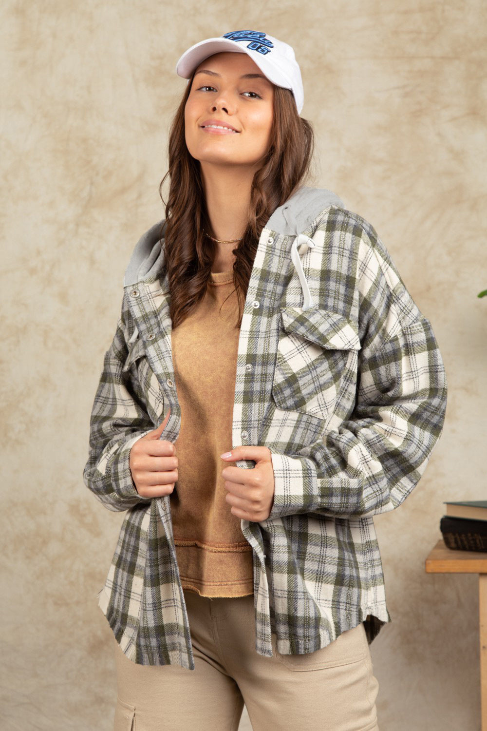 Outfit Flow - Drawstring Plaid Long Sleeve Hooded Jacket