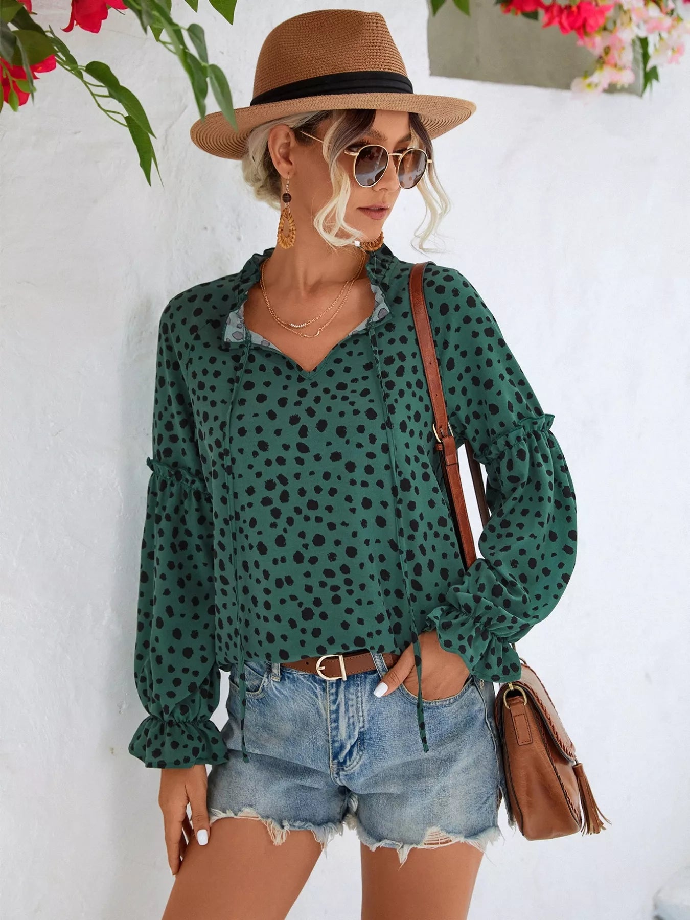 Animal Print Tie Neck Flounce Sleeve Blouse Trendsi