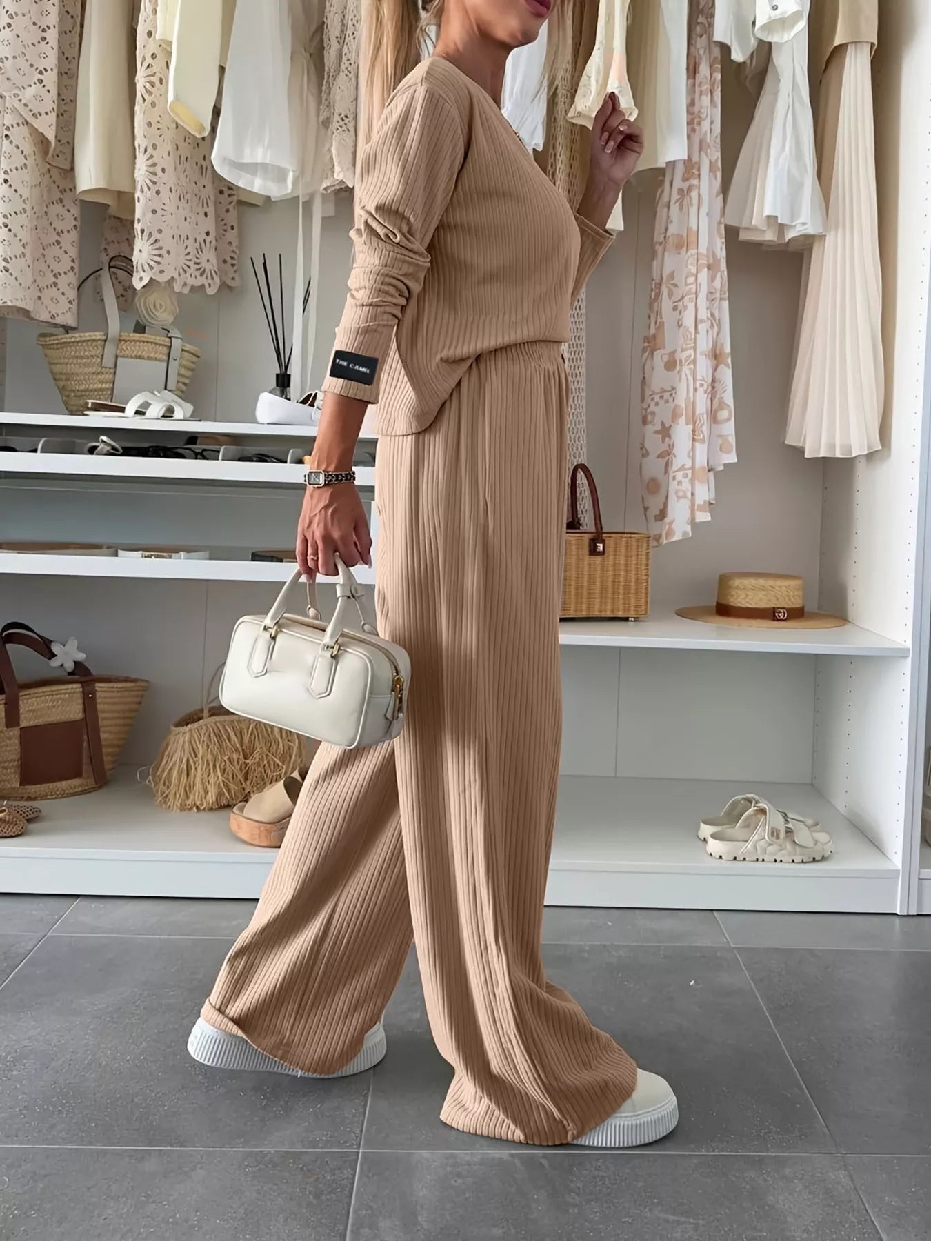 Ribbed Knit Round Neck Top and Pants Set OutfitFlow