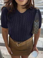 Cable-Knit Short Sleeve Sweater Dark Blue Trendsi