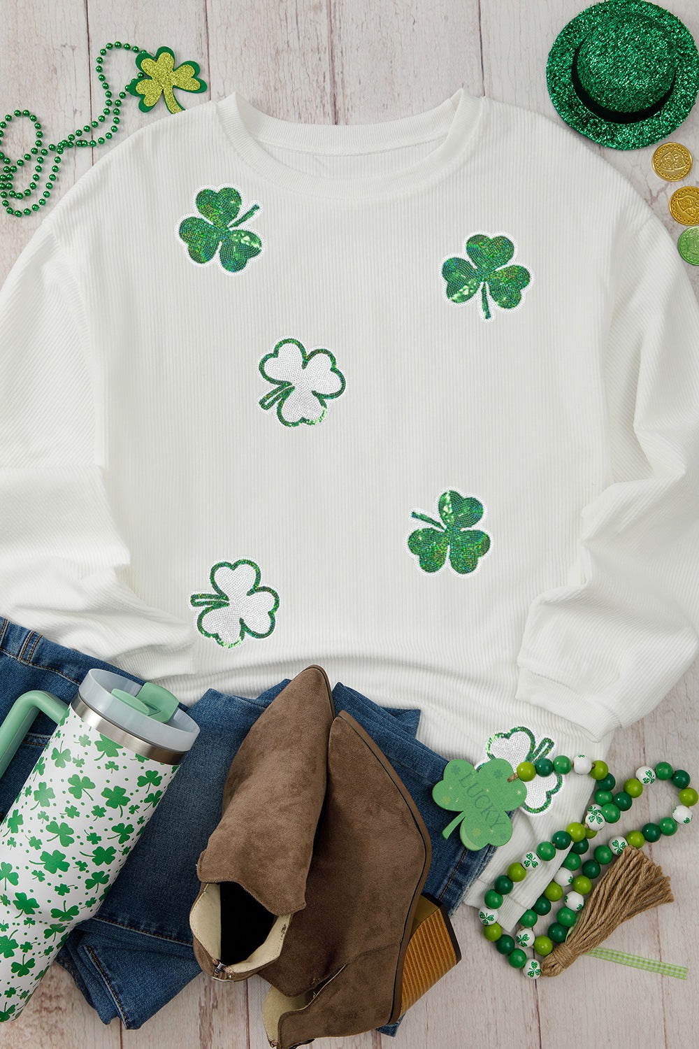 Sequin Lucky Clover Round Neck Long Sleeve Sweatshirt OutfitFlow