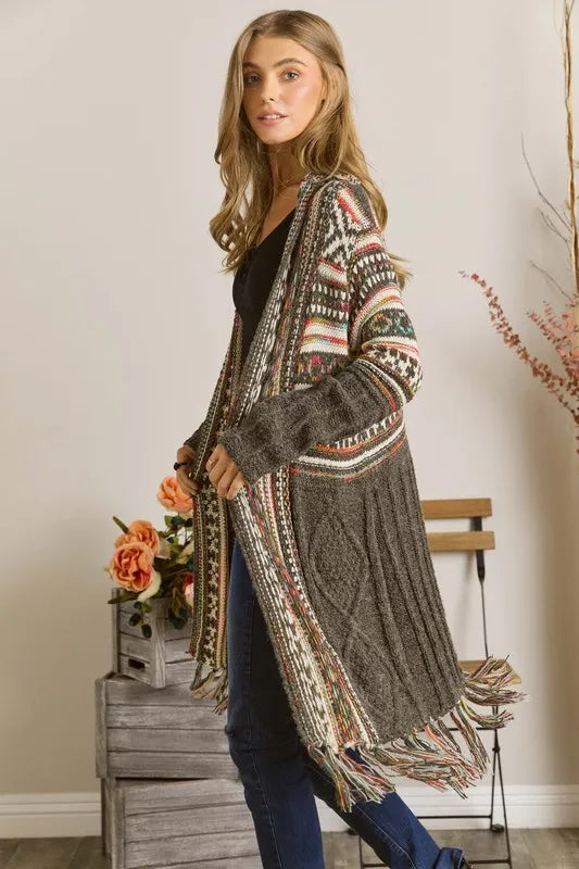 ADORA Full Size Fringe Hem Aztec Cardigan Plus Size OutfitFlow