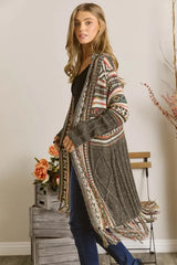 ADORA Full Size Fringe Hem Aztec Cardigan Plus Size OutfitFlow