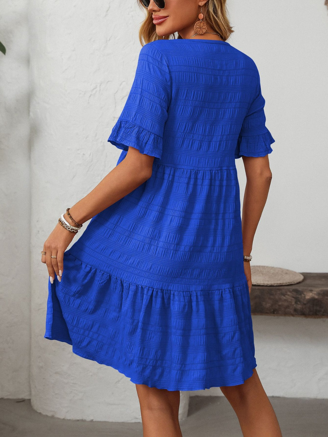 Outfit Flow - Mandy Ruffled Ruched Round Neck Half Sleeve Dress