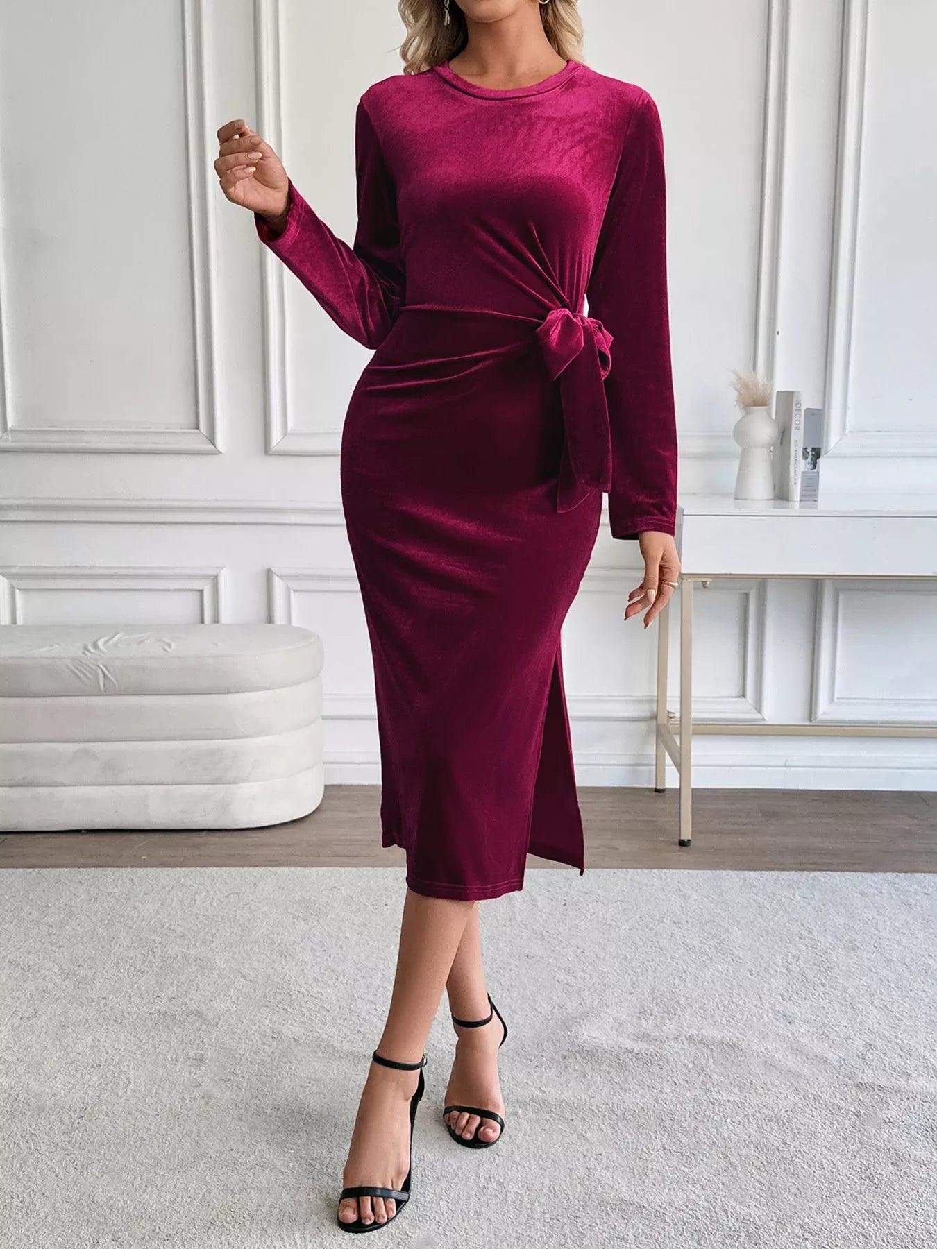 Velvet Slit Round Neck Long Sleeve Dress with Side Tie Detail OutfitFlow