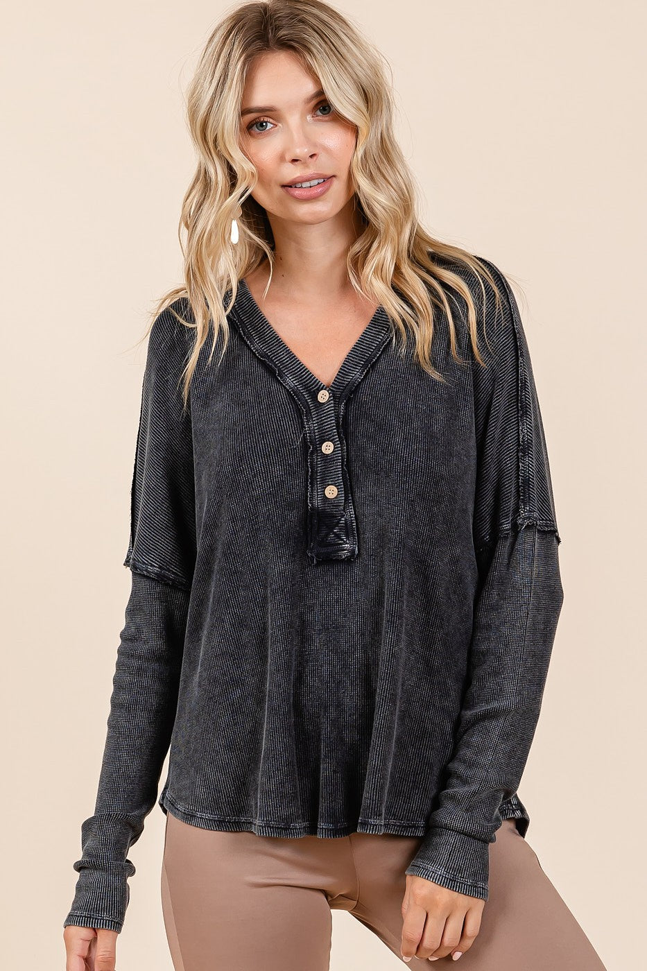 Outfit Flow - Mittoshop Washed V-Neck Long Sleeve Blouse